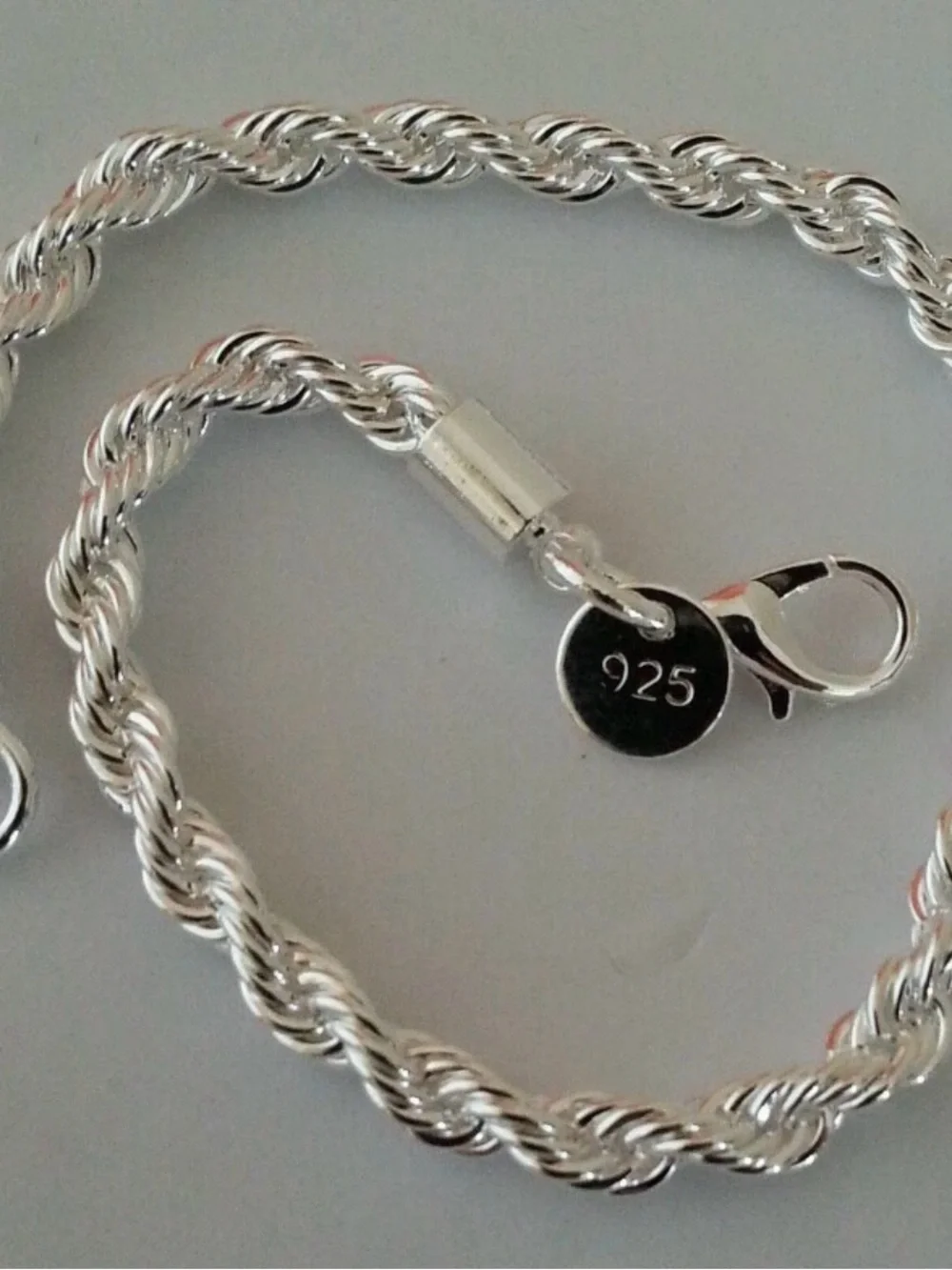 Unisex Silver-Plated Rope Chain Bracelet 7.5” Lobster Clasp Vintage-Style